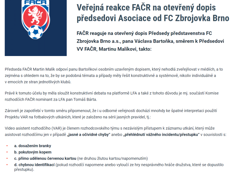 Zdroj:https://facr.fotbal.cz/verejna-reakce-facr-na-otevreny-dopis-predsedovi-asociace-od-fc-zbrojovka-brno/a13644